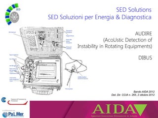 AUDIRE
(AcoUstic Detection of
Instability in Rotating Equipments)
DIBUS
SED Solutions
SED Soluzioni per Energia & Diagnostica
Bando AIDA 2012
Det. Dir. CCIA n. 265, 2 ottobre 2012
 