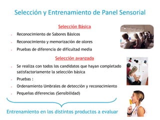 Selección y Entrenamiento de Panel Sensorial
Selección Básica
➢ Reconocimiento de Sabores Básicos
➢ Reconocimiento y memorización de olores
➢ Pruebas de diferencia de dificultad media
Selección avanzada
➢ Se realiza con todos los candidatos que hayan completado
satisfactoriamente la selección básica
➢ Pruebas :
➢ Ordenamiento Umbrales de detección y reconocimiento
➢ Pequeñas diferencias (Sensibilidad)
Entrenamiento en los distintos productos a evaluar
 