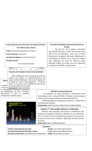 Programação do Evento do Gestar II de Língua Portuguesa         Secretária de Educação representa Araruama em
                       “Do Professor para o Aluno”                                         Brasília
                                                                              Nos dias 04 e 05 de agosto, a Secretária
       Teatro: O dia-a-dia do professor e do aluno;                  Municipal de Educação e Cultura de Araruama, Vera
       Sarau de Poesias: Tema Livre;                                 Maria Pinto de Figueiredo, reunir-se-á na SECAD
                                                                     (Secretaria de Educação Continuada, Alfabetização e
       Contação de Histórias: com Sônia Corecha;
                                                                     Diversidade), em Brasília, com o Grupo de Trabalho
       Atração surpresa.                                             para elaboração de texto de referência sobre
                         Com sorteio de brindes!                     Educação Integral do Campo, que será implantado
                                                                     em dezembro de 2009, a nível nacional.


             Programa de Formação de Jovens Empreendedores

                  Mais de 800 alunos do município de Araruama já
           contam com oficinas de empreendedorismo nas
                                         Em breve...
  Provinha Brasilda Araruama ficou Trata-se do Programa de
           escolas – Rede Municipal.
           Formação de “Jovens Empreendedores – Primeiros
           Passos” , nível 3
                com em parceria com o SEBRAE. As oficinas com
A SEDUC aplicou a “Provinha Brasil”agosto.
           os alunos terão início em nos
meses de abril e maio visando observar
           Responsável: Adriana Parisotto
as intervenções necessárias no processo
de alfabetização da rede municipal.                                       GESTAR II incentiva professores
Alcançamos o nível 3, conforme                                 Os professores de Língua Portuguesa e Matemática foram
observamos no gráfico abaixo.                         contemplados com o projeto GESTAR II (Gestão da Aprendizagem
                                                      Escolar). Os concluintes receberão certificado de 300 horas.
                                                            A SEDUC agradece aos participantes, parceiros e colaboradores
           RESULTADO PROVINHA BRASIL                  do projeto pelo empenho.
           1º. Semestre – 2009
           Escolas Municipais de Araruama - Nível 3
           SEDUC
                                                      Responsáveis: Carolina Fonseca, Marisa Moura e Michele Maria

                                                          Acelera 1º Ciclo propõe melhorias na Educação
         A
                                                            Repensar sobre propostas educacionais é fundamental para
         L
         U
         N
         O
                                                      melhoria da qualidade da educação. Sabendo disso, os professores
         S

                                                      de 1º e 2º anos do Ensino Fundamental participam com interesse de
                                                      encontros mensais para discussão e elaboração de novas práticas
                                                      de ensino.
                                                      Responsável: Márcia Angélica de Marins

                                                            Expediente
         Prefeitura Municipal de Araruama                          Revisão: Lycia Helena Pôrto Gomes
         Secretaria Municipal de Educação e Cultura                E-mail: seducomunica@hotmail.com
         Secretária de Educação: Vera Maria Pinto de Figueiredo Edição: Michele Maria de Souza
 