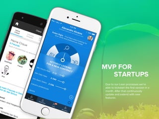 MVP FOR
STARTUPS
Due to our Lean processes we’re
able to kickstart the first version in a
month. After that continuously
update and extend with new
features.
 