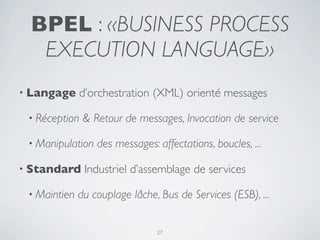 BPEL : «BUSINESS PROCESS
  EXECUTION LANGUAGE»
• Langage     d’orchestration (XML) orienté messages

 • Réception   & Retour de messages, Invocation de service

 • Manipulation   des messages: affectations, boucles, ...

• Standard     Industriel d’assemblage de services

 • Maintien   du couplage lâche, Bus de Services (ESB), ...


                                27
 