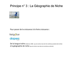 Principe n° 3 : La Géographie de Niche

Pour passer de la croissance à la forte croissance :

De la longue traîne (Andersen 2006 : peu de ventes mais de très nombreux produits (de niche))
à la géographie de niche (peu de clients mais dans de nombreux endroits)

 