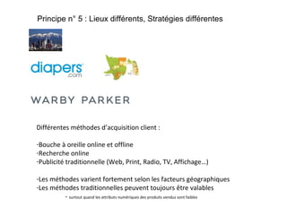 Principe n° 5 : Lieux différents, Stratégies différentes

Différentes méthodes d’acquisition client :
-Bouche à oreille online et offline
-Recherche online
-Publicité traditionnelle (Web, Print, Radio, TV, Affichage…)
-Les méthodes varient fortement selon les facteurs géographiques
-Les méthodes traditionnelles peuvent toujours être valables
- surtout quand les attributs numériques des produits vendus sont faibles

 