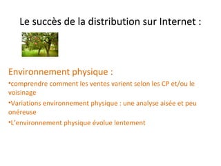 Le succès de la distribution sur Internet :

Environnement physique :
•comprendre comment les ventes varient selon les CP et/ou le
voisinage
•Variations environnement physique : une analyse aisée et peu
onéreuse
•L’environnement physique évolue lentement

 