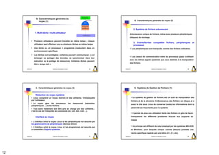 8) Caractéristiques générales du
                      noyau (1)                                                                                           8) Caractéristiques générales du noyau (2)



                                                                                                                        2. Système de fichiers arborescent
                 1. Multi-tâche / multi-utilisateur
                                                                                                                 Arborescence unique de fichiers, même avec plusieurs périphériques
                                                                                                                 (disques) de stockage.
                 Plusieurs utilisateurs peuvent travailler en même temps ; chaque
                                                                                                                        3. Entrée/Sorties compatible fichiers, périphériques et
                 utilisateur peut effectuer une ou plusieurs tâches en même temps.
                                                                                                                        processus
                 Une tâche ou un processus = programme s'exécutant dans un                                            Les périphériques sont manipulés comme des fichiers ordinaires.
                 environnement spécifique.

                 Les tâches sont protégées; certaines peuvent communiquer, c-à-d
                                                                                                                      Les canaux de communication entre les processus (pipe) s'utilisent
                 échanger ou partager des données, se synchroniser dans leur
                                                                                                                 avec les mêmes appels systèmes que ceux destinés à la manipulation
                 exécution ou le partage de ressources. Certaines tâches peuvent
                                                                                                                 des fichiers.
                 être « temps réél ».

     2009/2010                          Systèmes d'Exploitation Evolués                          45       2009/2010                           Systèmes d'Exploitation Evolués         46




                   8. Caractéristiques générales du noyau (3)                                                             9. Système de Gestion de Fichiers (1)


                  Réduction du noyau système
              Linux comprend un noyau (kernel) et des utilitaires. Irremplaçable                                       Le système de gestion de fichiers est un outil de manipulation des
            par l'utilisateur.                                                                                        fichiers et de la structure d'arborescence des fichiers sur disque et a
              Le noyau gère les processus,                                les   ressources   (mémoires,
                                                                                                                      aussi le rôle sous Linux de conserver toutes les informations dont la
            périphériques ...) et les fichiers.
                                                                                                                      pérennité est importante pour le système
              Tout autre traitement doit être pris en charge par des utilitaires ;
            c'est le cas de l'interprète de commande (sh, csh, ksh, tcsh ...).
                                                                                                                       Il permet de plus une utilisation facile des fichiers et gère de façon

                  Interface au noyau                                                                                  transparente les différents problèmes d'accès aux supports de
                                                                                                                      masse
              L’interface entre le noyau Linux et les périphériques est assurée par
            les gestionnaires de périphériques (devices driver)
              L’interface entre le noyau Linux et les programmes est assurée par                                       Ce principe est différent de celui employé par les systèmes MS-DOS
            un ensemble d’appels systèmes                                                                             et Windows, pour lesquels chaque volume (disque) possède une
                                                                                                                      racine spécifique repérée par une lettre (A:, C:, etc).
     2009/2010                          Systèmes d'Exploitation Evolués                          47       2009/2010                           Systèmes d'Exploitation Evolués         48




12
 