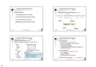 9. Système de Gestion de Fichiers (2)                                                9. Système de Gestion de Fichiers (3)
                                                                                                                                                         - fichiers -


                 Le concept de fichier                                                             • Affichage des caractéristiques: ls -l
                    L'unité logique de base du S.G.F. le fichier
                                                                                                                           groupe
                                                                                                   -rw-r--r-- 1 user01 ISIMS 58K 16 Jul 09:19                                  tp1.tex
                    Le contenu est entièrement défini par le créateur
                                                                                                         nb liens    propriétaire                       le              date   nom
                                                                                                                                                   il
                                                                                                                                                ta
                    Sur Linux les fichiers ne sont pas typés
                                                                                                         type                                  group
                    Matérialisé par une inode et des blocs du disque


                                                                                                                    -rw-r--r--
                                                                                                                    user
                                                                                                                                                                others
     2009/2010                         Systèmes d'Exploitation Evolués               49     2009/2010                       Systèmes d'Exploitation Evolués                      50




                    9. Système de Gestion de Fichiers (4)                                                9. Système de Gestion de Fichiers (5)
                                                                  - fichiers -                                                                           - liens -

         • Changer les permissions: chmod                                                               • Liens physiques
           chmod <classe op perm, …>|nnn <fic>                                                             ln <nom_fic> <nouveau_nom_fic>
                                                                                                           – permet de donner plusieurs noms à un fichier
                 – classe:                       – chaque perm = 1 valeur:                                 – pas pour les répertoires
                     u : user                                 r                  4                         – ne traverse pas les partitions
                     g : group                                w                  2                         – un fic est détruit quand TOUS ses liens physiques sont
                     o : others                               x                  1                           supprimés (≠ raccourcis)
                     a : all                                  rien               0
                 – op:                           – déf. des permissions (par addition)                  • Liens symboliques
                     = : affectation             pour chaque classe                                        ln -s <nom_fic> <nouveau_nom_fic>
                     - : suppr.
                                             exemples:                                                     – crée un raccourci
                     + : ajout
                 – perm:                           chmod           u=rwx,g=rx,o=r tp1.tex                  – traverse les partitions
                                                   chmod           u=rwx,g=rx,o=r tp1.tex
                     r : lecture                   chmod           a+x script.sh                           – fonctionne aussi pour les répertoires
                                                   chmod           a+x script.sh
                     w : écriture                  chmod
                                                   chmod           755 script.sh
                                                                   755 script.sh
                     x : exécution                                                                      • Lister les liens d’un fichier: ls -l <nom_fic>
     2009/2010                         Systèmes d'Exploitation Evolués               51     2009/2010                       Systèmes d'Exploitation Evolués                      52




13
 