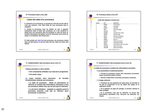 10. Processus dans Linux (26)                                                           10. Processus dans Linux (27)


                    Listes des états d'un processus                                                           Liste des signaux Linux/Linux
                                                                                                         Numéro       Nom                     Signification
                 8. naissance d'un processus, ce processus n'est pas encore prêt et
                                                                                                         1            SIGHUP                  Fin de session
                 n'est pas endormi, c'est l'état initial de tous processus sauf le
                                                                                                         2            SIGINT                  Interruption
                 swappeur.
                                                                                                         3            SIGQUIT                 Instruction
                 9. zombie le processus vient de réaliser un exit, il apparaît                           4            SIGILL                  Instruction illégale
                 uniquement dans la table des processus où il est conservé le                            5            SIGTRAP                 Trace
                 temps pour son processus père de récupérer le code de retour et                         6            SIGABRT                 Instruction IOT ou abort
                 d'autres informations de gestion (coût de l'exécution sous forme de                     7            SIGEMT                  Instruction EMT
                 temps, et d'utilisation des ressources ).                                               8            SIGFPE                  Exception arithmétique
                                                                                                         9            SIGKILL                 Tuer un processus
                                                                                                         10           SIGBUS                  Bus error
                   L'état zombie est l'état final des processus, les processus restent                   11           SIGSEGV                 Violation de mémoire
                 dans cet état jusqu'à ce que leur père lise leur valeur de retour (exit                 12           SIGSYS                  Erreur appel système
                 status).                                                                                13           SIGPIPE                 Ecriture dans un pipe sans lecteur
                                                                                                         14           SIGALRM                 Alarme de l'horloge
                                                                                                         15           SIGTERM                 Signal de terminaison

     2009/2010                        Systèmes d'Exploitation Evolués           85         2009/2010                            Systèmes d'Exploitation Evolués                    86




                  11. Implémentation des processus sous Linux (1)                                         11. Implémentation des processus sous Linux (2)


                                                                                                       La table de processus contient les informations suivantes :
                  Chaque processus a deux parties :
                                                                                                              Les paramètres d’ordonnancement :
                        Une composante utilisateur qui exécute le programme,
                                                                                                                  Priorité du processus, temps CPU récemment consommé,
                        Une partie noyau.
                                                                                                                temps récemment passé à dormir.
                                                                                                                  Servent à déterminer le prochain processus à exécuter.
                  Le noyau maintien deux structures                     de    données
                  fondamentales relatives aux processus :                                                     L’image mémoire :
                        La table de processus : réside en permanence en                                           Pointeurs sur les segments de codes (text), de données et
                      mémoire et contient des informations nécessaire à tous                                    de pile du programme et sur les tables des pages (si la
                      les processus (même ceux qui ne sont pas en mémoire)                                      pagination existe).

                       La structure utilisateur : swappée ou paginée quand le                                     Si le segment de page est partagé, le pointeur adresse la
                                                                                                                table partagée.
                      processus associés n’est pas en mémoire (pour
                      économiser la mémoire).                                                                      Si le processus n’est pas en mémoire, on trouve des
                                                                                                                informations permettant d’en retrouver les éléments sur
                                                                                                                disque
     2009/2010                        Systèmes d'Exploitation Evolués           87         2009/2010                            Systèmes d'Exploitation Evolués                    88




22
 