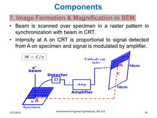 Components
Environmental Engineering Materials; SEE-613 42
12/2/2023
7. Image Formation & Magnification in SEM.
• Beam is scanned over specimen in a raster pattern in
synchronization with beam in CRT.
• Intensity at A on CRT is proportional to signal detected
from A on specimen and signal is modulated by amplifier.
 