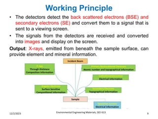 Working Principle
Environmental Engineering Materials; SEE-613 9
12/2/2023
• The detectors detect the back scattered electrons (BSE) and
secondary electrons (SE) and convert them to a signal that is
sent to a viewing screen.
• The signals from the detectors are received and converted
into images and display on the screen.
Output: X-rays, emitted from beneath the sample surface, can
provide element and mineral information.
 
