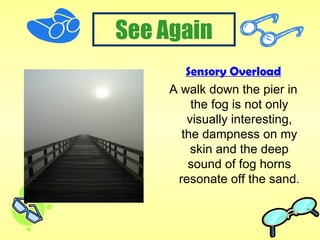 Sensory Overload A walk down the pier in the fog is not only visually interesting, the dampness on my skin and the deep sound of fog horns resonate off the sand . 