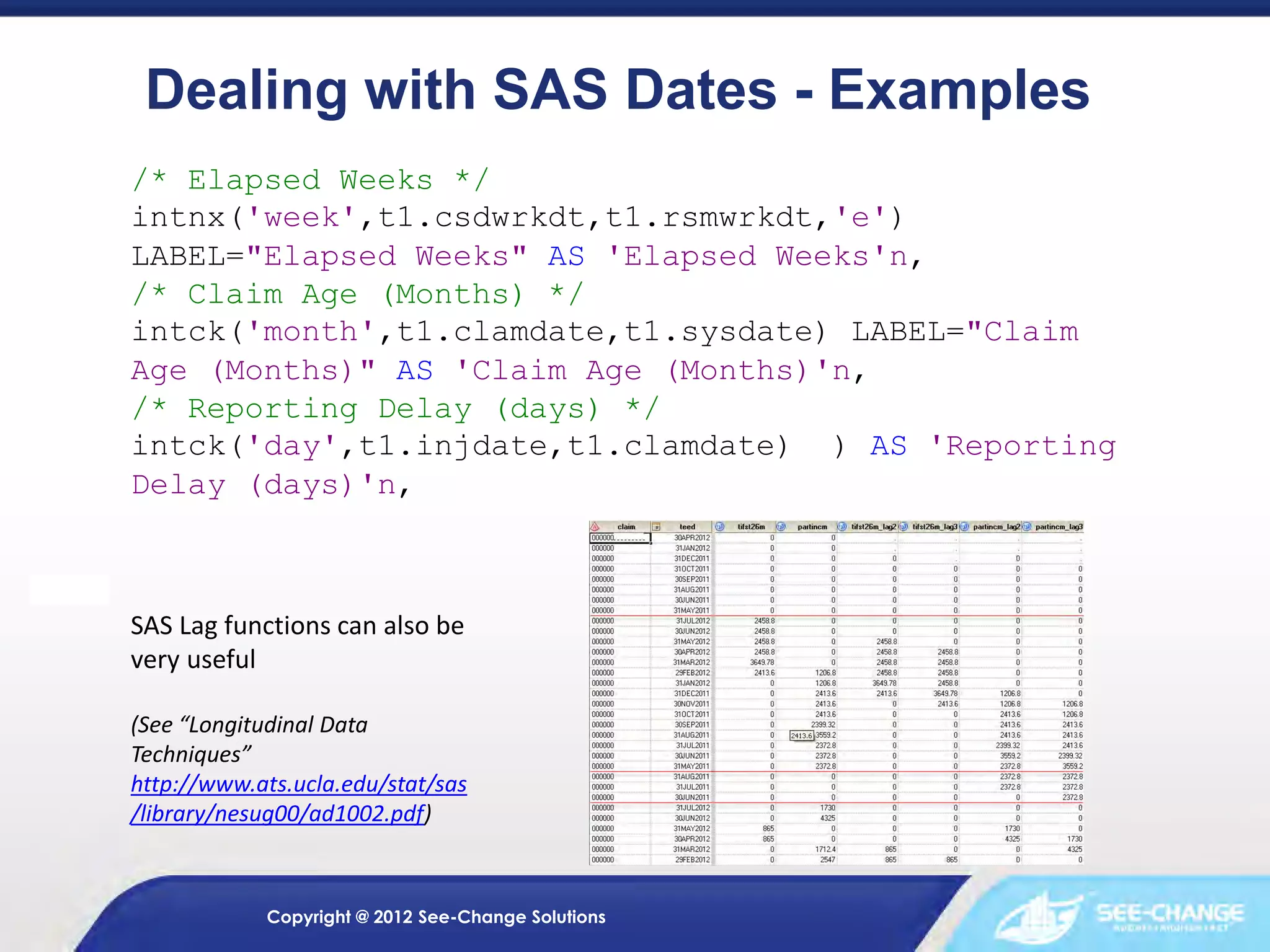 Dealing with SAS Dates - Examples
/* Elapsed Weeks */
intnx('week',t1.csdwrkdt,t1.rsmwrkdt,'e')
LABEL="Elapsed Weeks" AS 'Elapsed Weeks'n,
/* Claim Age (Months) */
intck('month',t1.clamdate,t1.sysdate) LABEL="Claim
Age (Months)" AS 'Claim Age (Months)'n,
/* Reporting Delay (days) */
intck('day',t1.injdate,t1.clamdate) ) AS 'Reporting
Delay (days)'n,

SAS Lag functions can also be
very useful
(See “Longitudinal Data
Techniques”
http://www.ats.ucla.edu/stat/sas
/library/nesug00/ad1002.pdf)

Copyright @ 2012 See-Change Solutions

 