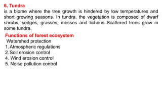 6. Tundra
is a biome where the tree growth is hindered by low temperatures and
short growing seasons. In tundra, the vegetation is composed of dwarf
shrubs, sedges, grasses, mosses and lichens Scattered trees grow in
some tundra.
Functions of forest ecosystem
Watershed protection
1.Atmospheric regulations
2.Soil erosion control
4. Wind erosion control
5. Noise pollution control
 