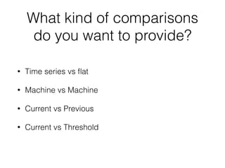 What kind of comparisons 
do you want to provide? 
• Time series vs flat 
• Machine vs Machine 
• Current vs Previous 
• Current vs Threshold 
 