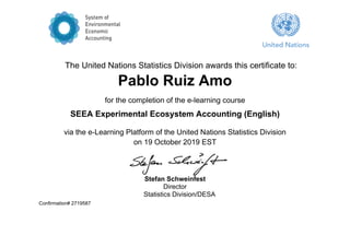 Pablo Ruiz Amo
for the completion of the e-learning course
SEEA Experimental Ecosystem Accounting (English)
via the e-Learning Platform of the United Nations Statistics Division
on 19 October 2019 EST
Stefan Schweinfest
Director
Statistics Division/DESA
Confirmation# 2719587
The United Nations Statistics Division awards this certificate to:
 