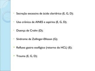•   Secreção excessiva de ácido clorídrico (E, G, D);

•   Uso crônico de AINES e aspirina (E, G, D);

•   Doença de Crohn (D);

•   Síndrome de Zollinger-Ellisson (G);

   Refluxo gastro esofágico (retorno do HCL) (E);

   Trauma (E, G, D);
 