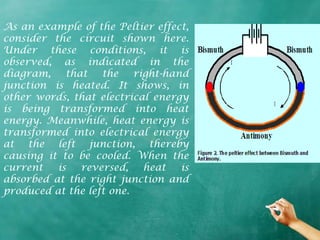 As an example of the Peltier effect,
consider the circuit shown here.
Under these conditions, it is
observed, as indicated in the
diagram,    that   the    right-hand
junction is heated. It shows, in
other words, that electrical energy
is being transformed into heat
energy. Meanwhile, heat energy is
transformed into electrical energy
at the left junction, thereby
causing it to be cooled. When the
current   is   reversed,    heat   is
absorbed at the right junction and
produced at the left one.
 