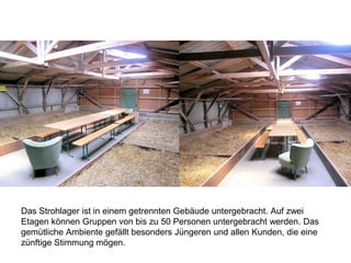 Das Strohlager ist in einem getrennten Gebäude untergebracht. Auf zwei
Etagen können Gruppen von bis zu 50 Personen untergebracht werden. Das
gemütliche Ambiente gefällt besonders Jüngeren und allen Kunden, die eine
zünftige Stimmung mögen.
 