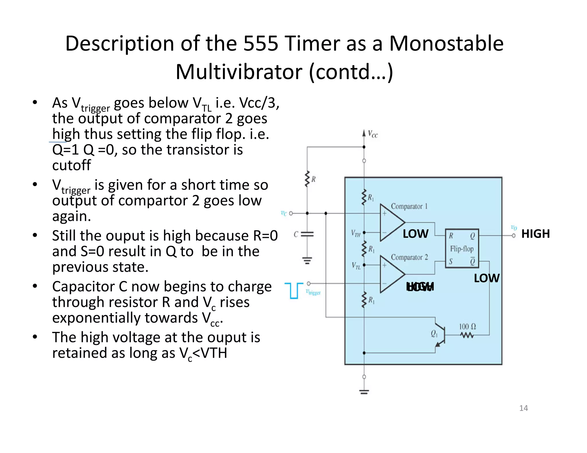 Description of the 555 Timer as a Monostable
Multivibrator (contd…)
• As Vtrigger goes below VTL i.e. Vcc/3,
the output of comparator 2 goes
high thus setting the flip flop. i.e.
Q=1 Q =0, so the transistor is
cutoff
• Vtrigger is given for a short time so
output of compartor 2 goes low
again.
• Still the ouput is high because R=0
and S=0 result in Q to be in the
previous state.
• Capacitor C now begins to charge
through resistor R and Vc rises
exponentially towards Vcc.
• The high voltage at the ouput is
retained as long as Vc<VTH
14
LOW
LOW
HIGH
HIGH
LOW
LOW
 