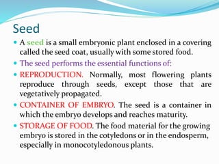 Seed
 A seed is a small embryonic plant enclosed in a covering
called the seed coat, usually with some stored food.
 The seed performs the essential functions of:
 REPRODUCTION. Normally, most flowering plants
reproduce through seeds, except those that are
vegetatively propagated.
 CONTAINER OF EMBRYO. The seed is a container in
which the embryo develops and reaches maturity.
 STORAGE OF FOOD. The food material for the growing
embryo is stored in the cotyledons or in the endosperm,
especially in monocotyledonous plants.
 