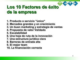 Los 10 Factores de éxito de la empresa <ul><li>1. Producto o servicio &quot;único&quot;  2. Mercados grandes y en crecimie...