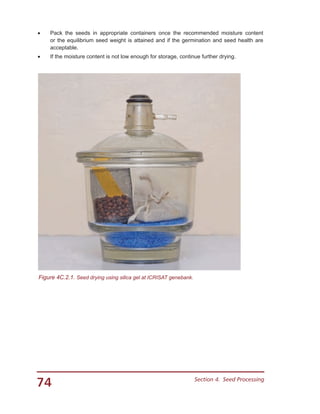 74 Section 4.  Seed Processing
Figure 4C.2.1. Seed drying using silica gel at ICRISAT genebank.
•	 Pack the seeds in appropriate containers once the recommended moisture content
or the equilibrium seed weight is attained and if the germination and seed health are
acceptable.
•	 If the moisture content is not low enough for storage, continue further drying.
 
