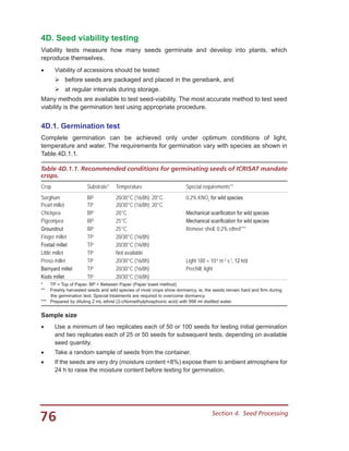 76 Section 4.  Seed Processing
4D. Seed viability testing
Viability tests measure how many seeds germinate and develop into plants, which
reproduce themselves.
•	 Viability of accessions should be tested:
	before seeds are packaged and placed in the genebank, and
	at regular intervals during storage.
Many methods are available to test seed-viability. The most accurate method to test seed
viability is the germination test using appropriate procedure.
4D.1. Germination test
Complete germination can be achieved only under optimum conditions of light,
temperature and water. The requirements for germination vary with species as shown in
Table.4D.1.1.
Table 4D.1.1. Recommended conditions for germinating seeds of ICRISAT mandate
crops.
Crop Substrate* Temperature Special requirements**
Sorghum BP 20/30°C (16/8h); 20°C 0.2% KNO3
for wild species
Pearl millet TP 20/30°C (16/8h); 20°C
Chickpea BP 20°C Mechanical scarification for wild species
Pigeonpea BP 25°C Mechanical scarification for wild species
Groundnut BP 25°C Remove shell, 0.2% ethrel***
Finger millet TP 20/30°C (16/8h)
Foxtail millet TP 20/30°C (16/8h)
Little millet TP Not available
Proso millet TP 20/30°C (16/8h) Light 180 × 10-6
m-2
s-1
, 12 h/d
Barnyard millet TP 20/30°C (16/8h) Prechill, light
Kodo millet TP 20/30°C (16/8h)
*	 TP = Top of Paper, BP = Between Paper (Paper towel method)
**	 Freshly harvested seeds and wild species of most crops show dormancy, ie, the seeds remain hard and firm during
the germination test. Special treatments are required to overcome dormancy.
***	 Prepared by diluting 2 mL ethrel (2-chloroethylphosphonic acid) with 998 ml distilled water.
Sample size
•	 Use a minimum of two replicates each of 50 or 100 seeds for testing initial germination
and two replicates each of 25 or 50 seeds for subsequent tests, depending on available
seed quantity.
•	 Take a random sample of seeds from the container.
•	 If the seeds are very dry (moisture content <8%) expose them to ambient atmosphere for
24 h to raise the moisture content before testing for germination.
 