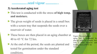 ……………..seed vigour …………..
3) Accelerated aging test
 This test is conducted with the stress of high temp.
and moisture.
 The given weight of seeds is placed in a small box
with a screen tray that suspends the seeds over a
reservoir of water.
 These boxes are then placed in an aging chamber at
40 to 43 °C for 72 hrs.
 At the end of the period, the seeds are planted and
tested for germination under the standard
conditions.
Figure: The accelerated
aging test is conducted by
placing seeds in a plastic box
with a water reservoir and
holding them at 40 ºC for
72 hours.
 