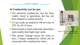 ……………..seed vigour …………..
4) Conductivity test for pea
 The electrical conductivity test has been
widely tested in agriculture but has not
been adopted as routine practice.
 2-5 gm seeds are soaked in 100 ml water at
250
C for 10-12 hours
 Deteriorated or dead seeds leak electrolytes
more readily than high-vigor seeds.
 This greater leakage causes the water to
have a higher conductivity which can be
measured with a conductivity meter.
Figure: Electrical conductivity to
determine seed vigour
 