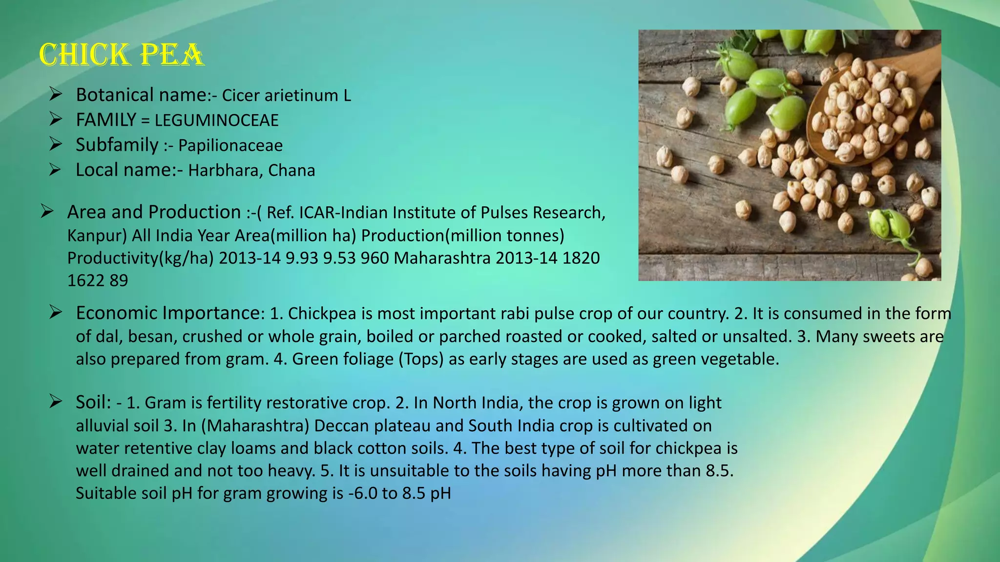 CHICK PEA
➢ Botanical name:- Cicer arietinum L
➢ FAMILY = LEGUMINOCEAE
➢ Subfamily :- Papilionaceae
➢ Local name:- Harbhara, Chana
➢ Area and Production :-( Ref. ICAR-Indian Institute of Pulses Research,
Kanpur) All India Year Area(million ha) Production(million tonnes)
Productivity(kg/ha) 2013-14 9.93 9.53 960 Maharashtra 2013-14 1820
1622 89
➢ Economic Importance: 1. Chickpea is most important rabi pulse crop of our country. 2. It is consumed in the form
of dal, besan, crushed or whole grain, boiled or parched roasted or cooked, salted or unsalted. 3. Many sweets are
also prepared from gram. 4. Green foliage (Tops) as early stages are used as green vegetable.
➢ Soil: - 1. Gram is fertility restorative crop. 2. In North India, the crop is grown on light
alluvial soil 3. In (Maharashtra) Deccan plateau and South India crop is cultivated on
water retentive clay loams and black cotton soils. 4. The best type of soil for chickpea is
well drained and not too heavy. 5. It is unsuitable to the soils having pH more than 8.5.
Suitable soil pH for gram growing is -6.0 to 8.5 pH
 