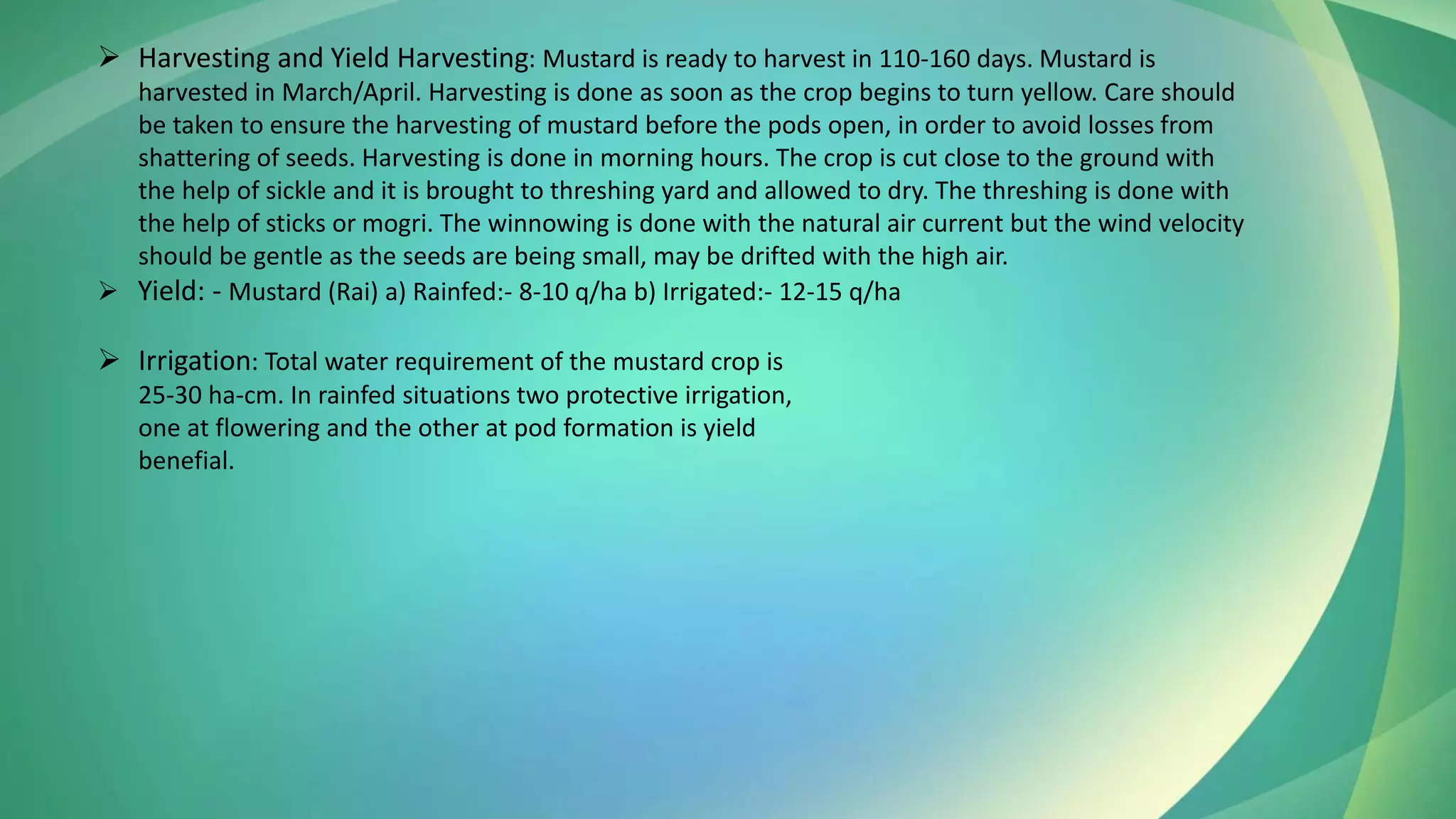 ➢ Harvesting and Yield Harvesting: Mustard is ready to harvest in 110-160 days. Mustard is
harvested in March/April. Harvesting is done as soon as the crop begins to turn yellow. Care should
be taken to ensure the harvesting of mustard before the pods open, in order to avoid losses from
shattering of seeds. Harvesting is done in morning hours. The crop is cut close to the ground with
the help of sickle and it is brought to threshing yard and allowed to dry. The threshing is done with
the help of sticks or mogri. The winnowing is done with the natural air current but the wind velocity
should be gentle as the seeds are being small, may be drifted with the high air.
➢ Yield: - Mustard (Rai) a) Rainfed:- 8-10 q/ha b) Irrigated:- 12-15 q/ha
➢ Irrigation: Total water requirement of the mustard crop is
25-30 ha-cm. In rainfed situations two protective irrigation,
one at flowering and the other at pod formation is yield
benefial.
 