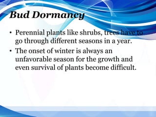 Bud Dormancy
• Perennial plants like shrubs, trees have to
go through different seasons in a year.
• The onset of winter is always an
unfavorable season for the growth and
even survival of plants become difficult.
 
