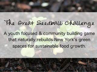 The Great Seedball Challenge
A youth focused & community building game
that naturally rebuilds New York s green
spaces for sustainable food growth.

 
