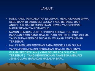LANJUT..LANJUT..
• HASIL HASIL PENGAMATAN DI DEPAN , MENUNJUKKAN BHWA
SEED BANK DIPASOK BIJI GULMA YANG BERASAL DARI
ANGIN , AIR DAN KEMUNGKINAN HEWAN YANG PERNAH
MASUK KEWIALYAH DIMAKSUD
• NAMUN DEMIKIAN JUSTRU PROPORSIONAL TERTIGGI
PASOKAN ESSD BANK ADALAH DARI SELURUH JENIS GULMA
YANG SUDAH BERADA DI DALAM WILAYAH PERTANAMAN
TERSEBUT.
• HAL INI MENJADI PEDOMAN PADA PENGELLAAN GULMA
• YANG MESKI MENJADI PERHATIAN ADALAH MASUKNYA
GULMA SPECIES LAIN ( YANG BELUM ADA DI ILAYAH
TERSEBUT ) , YANG KEMUNGKINAN AKAN BISA MENJADI
JENIS GULMA BARU DAN MASALAH BARU.
 