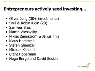 Entrepreneurs actively seed investing... Oliver Jung (30+ investments) Saul & Robin Klein (20) Samwer Bros Martin Varsavsky Niklas Zennstrom & Janus Friis Klaus Hommels Stefan Glaenzer Michael Kleindel Brent Hoberman Hugo Burge and David Soskin  