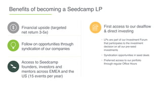 Beneﬁts of becoming a Seedcamp LP
Financial upside (targeted
net return 3-5x)
First access to our dealﬂow
& direct investing
• LPs are part of our Investment Forum
that participates to the investment
decision on all our pre-seed
investments
• Syndication opportunities in seed deals
• Preferred access to our portfolio
through regular Office Hours
Follow on opportunities through
syndication of our companies
Access to Seedcamp
founders, investors and
mentors across EMEA and the
US (15 events per year)
 