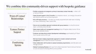 We combine this community-driven support with bespoke guidance
• Portfolio companies are assigned a primary & secondary contact internally — either a GP
or Venture Partner
• Hyper-focused support in ﬁrst 18 months. As companies mature , our energy is focused on
key inﬂection points, such as ﬁnancing events
• Not a GP-heavy structure — founders are closely acquainted with wider team including
our Head of Marketing, Talent Lead & EIRs
• One-on-one consultative approach combined with group sessions on critical functional
topics - primarily product & sales
• Sales engine build-out & management coaching led by VP Stephen Allott, former CFO at
Micromuse (NASDAQ: MUSE)
• Customer and data-driven product development methodology spearheaded by VP Devin
Hunt, founder and ex-CPO, Lyst
• We have honed a highly programmatic approach to investor outreach and funnel
management ahead of Seed and Series A fundraises
• Close collaboration with founders to assess fundraising requirements, assemble plans and
manage outreach
• Weekly Fundraising Reviews with input from whole Investment Team & Venture Partners
to track and assist fundraising eﬀorts across portfolio
‘Point of Contact’
Relationships
P O R T F O L I O M A N A G E M E N T
Venture Partner
Support
F U N C T I O N A L E X P E R T I S E
Fundraising
Sprints
F U T U R E F I N A N C I N G
 