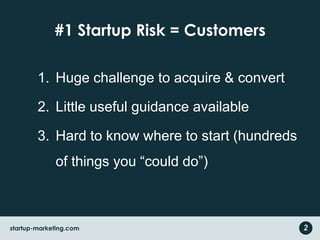 #1 Startup Risk = Customers<br />Huge challenge to acquire & convert<br />Little useful guidance available<br />Hard to kn...