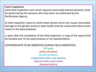 Field Inspection
a)the field inspection work which requires technically-trained personal, shall
be performed by the persons who have been so authorised by the
Certification Agency.
b) field inspection meant to verify those factors which can cause irreversible
damage to the genetic purity or seed health shall be conducted without prior
notice to the seed producer.
c) soon after the completion of the field inspection, a copy of the report shall
be handed over to the seed produce or his representative.
CONTAMINANTS TO BE OBSERVED DURING FIELD INSPECTION:
Off types
pollen shedders
shedding tassels
inseparable other crop species
objectionable weed seeds
diseased plants
 