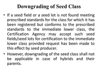 Downgrading of Seed Class
• If a seed field or a seed lot is not found meeting
prescribed standards for the class for which it has
been registered but conforms to the prescribed
standards to the immediate lower class, the
Certification Agency may accept such seed
fields/seed lots for certification to the immediate
lower class provided request has been made to
this effect by seed producer.
• However, downgrading of the seed class shall not
be applicable in case of hybrids and their
parents.
 