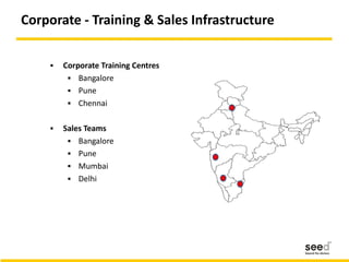 Corporate - Training & Sales Infrastructure
 Corporate Training Centres
 Bangalore
 Pune
 Chennai
 Sales Teams
 Bangalore
 Pune
 Mumbai
 Delhi
 