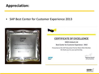 Appreciation:
 SAP Best Center for Customer Experience 2013
 