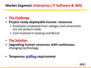 Market Segment: Enterprise ( IT Software & IMS)
 The Challenge
 Project ready deployable human resources
 Graduates employed from colleges and universities
are not project ready
 Cost involved in training and Bench
 The Solution
 Upgrading human resources with continuous
changing technology
 Temporary staffing requirement
 