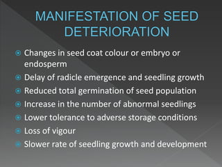  Changes in seed coat colour or embryo or
endosperm
 Delay of radicle emergence and seedling growth
 Reduced total germination of seed population
 Increase in the number of abnormal seedlings
 Lower tolerance to adverse storage conditions
 Loss of vigour
 Slower rate of seedling growth and development
 