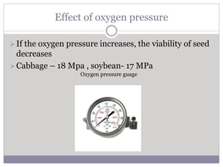 Effect of oxygen pressure
If the oxygen pressure increases, the viability of seed
decreases
Cabbage – 18 Mpa , soybean- 17 MPa
Oxygen pressure guage
 