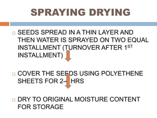 SPRAYING DRYING
 SEEDS SPREAD IN A THIN LAYER AND
THEN WATER IS SPRAYED ON TWO EQUAL
INSTALLMENT (TURNOVER AFTER 1ST
INSTALLMENT)
 COVER THE SEEDS USING POLYETHENE
SHEETS FOR 2-4 HRS
 DRY TO ORIGINAL MOISTURE CONTENT
FOR STORAGE
 