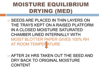 MOISTURE EQUILIBRIUM
DRYING (MED)
 SEEDS ARE PLACED IN THIN LAYERS ON
THE TRAYS KEPT ON A RAISED PLATFORM
IN A CLOSED MOISTURE SATURATED
CHAMBER LINED INTERNALLY WITH
MOIST BLOTTER PAPER GIVES 100% RH
AT ROOM TEMPERATURE
 AFTER 24 HRS TAKEN OUT THE SEED AND
DRY BACK TO ORIGINAL MOISTURE
CONTENT
 
