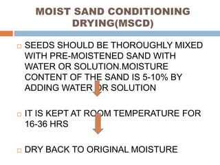MOIST SAND CONDITIONING
DRYING(MSCD)
 SEEDS SHOULD BE THOROUGHLY MIXED
WITH PRE-MOISTENED SAND WITH
WATER OR SOLUTION.MOISTURE
CONTENT OF THE SAND IS 5-10% BY
ADDING WATER OR SOLUTION
 IT IS KEPT AT ROOM TEMPERATURE FOR
16-36 HRS
 DRY BACK TO ORIGINAL MOISTURE
 