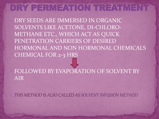 DRY SEEDS ARE IMMERSED IN ORGANIC
SOLVENTS LIKE ACETONE, DI-CHLORO-
METHANE ETC., WHICH ACT AS QUICK
PENETRATION CARRIERS OF DESIRED
HORMONAL AND NON HORMONAL CHEMICALS
CHEMICAL FOR 2-3 HRS
 FOLLOWED BY EVAPORATION OF SOLVENT BY
AIR
 THIS METHOD IS ALSO CALLED AS SOLVENT INFUSION METHOD
 