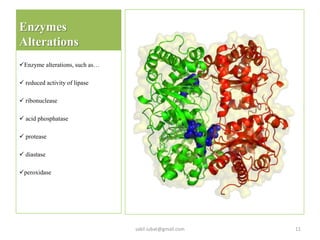 Enzymes
Alterations
Enzyme alterations, such as…
 reduced activity of lipase
 ribonuclease
 acid phosphatase
 protease
 diastase
peroxidase
sakil.iubat@gmail.com 11
 