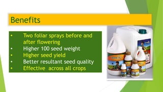 Benefits
• Two foliar sprays before and
after flowering
• Higher 100 seed weight
• Higher seed yield
• Better resultant seed quality
• Effective across all crops
 